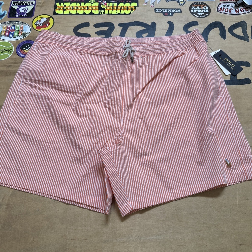 Polo Ralph Lauren Orange SEERSUCKER Traveler Swim Trunks Bathing Suit NWT 1XB